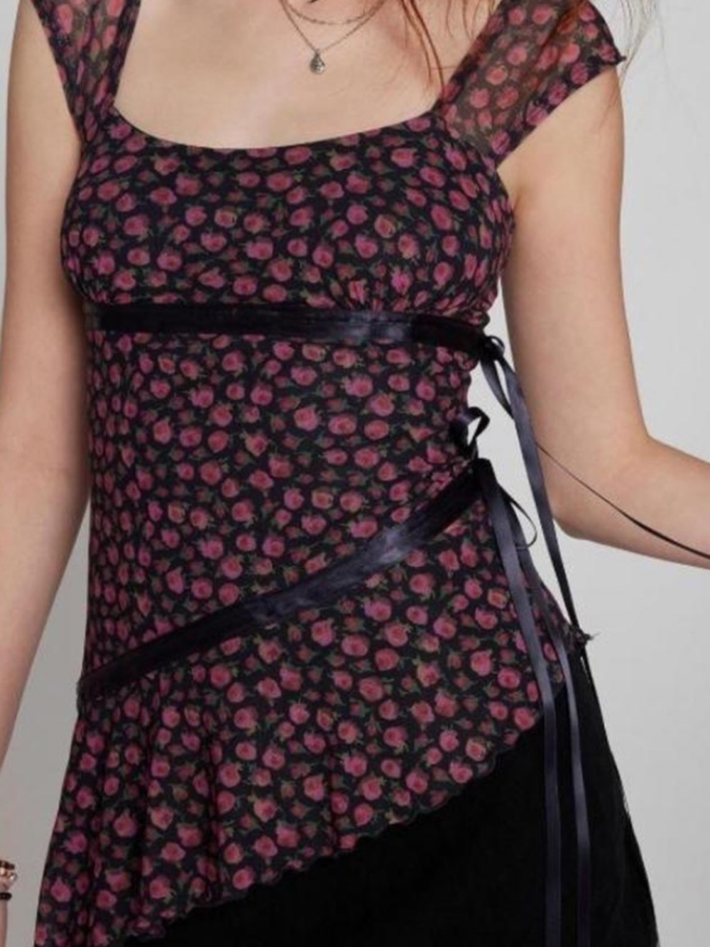 Urban Outfitters Black Floral Mesh Empire Waist Top